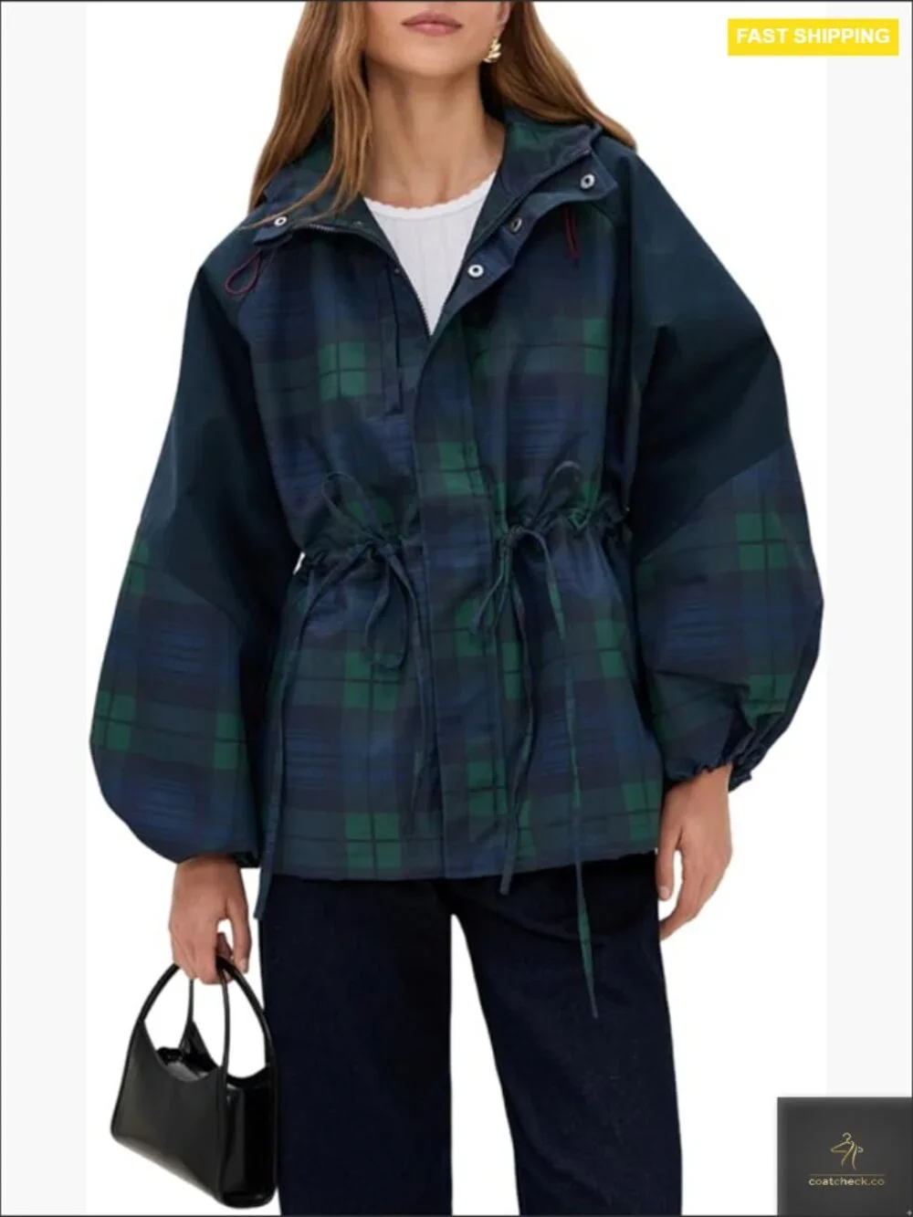 Plaid Raincoat Showerproof Jacket Windbreaker Adjustable Hood Trench